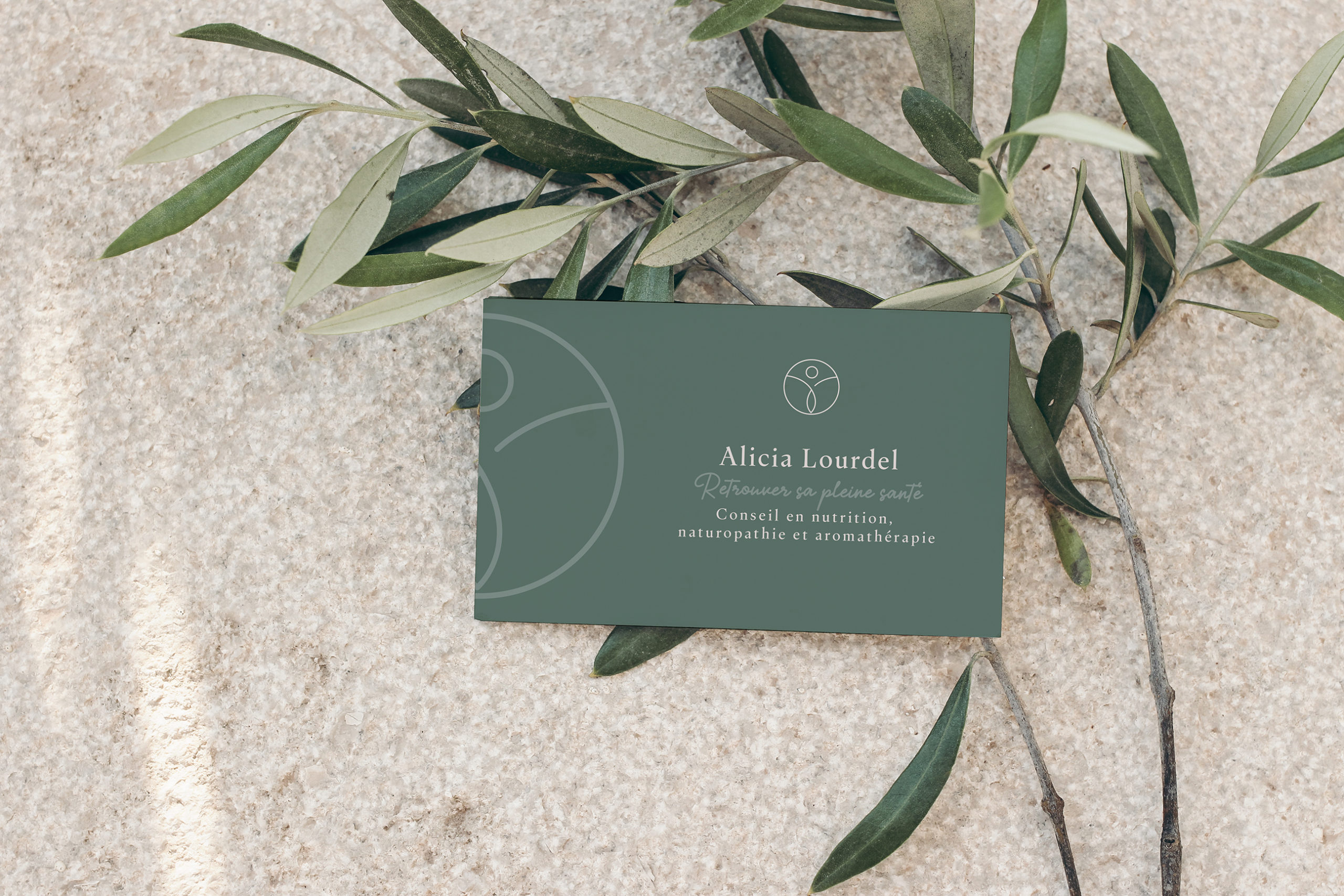Summer stationery mockup scene,. Blank business card on concrete floor. Textured background with olive tree branch. Mediterranean design. Branding concept. Flat lay, top view, no people.